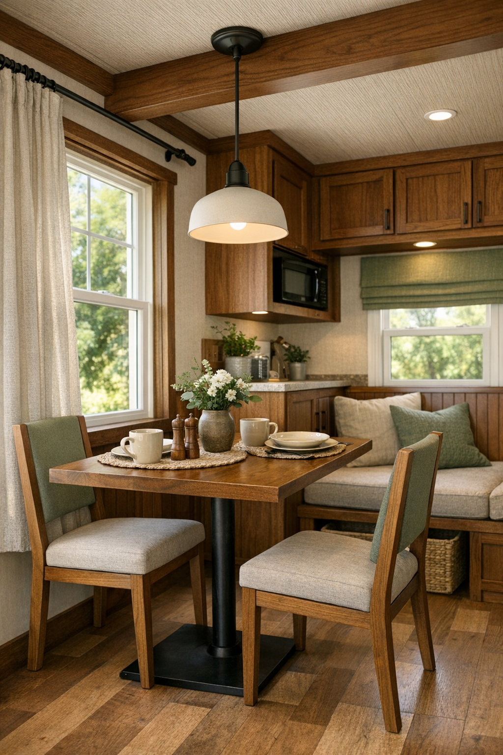 Bright small dining area with wood table and craftsman details