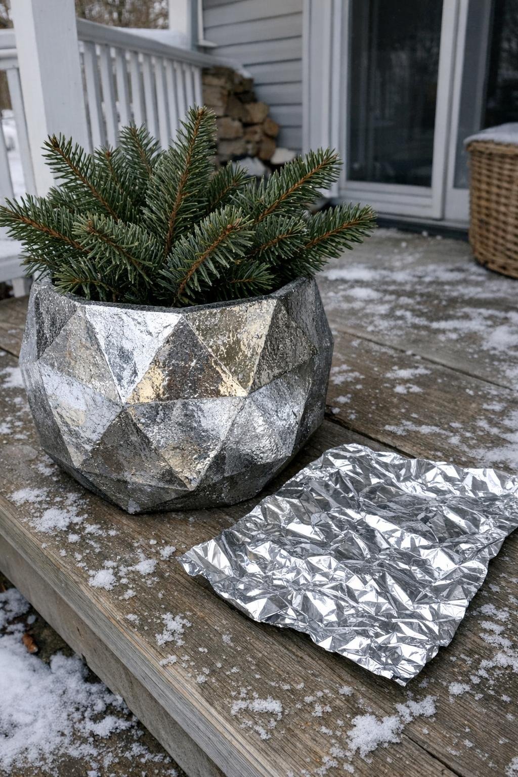 Foil-textured concrete planter on a porch