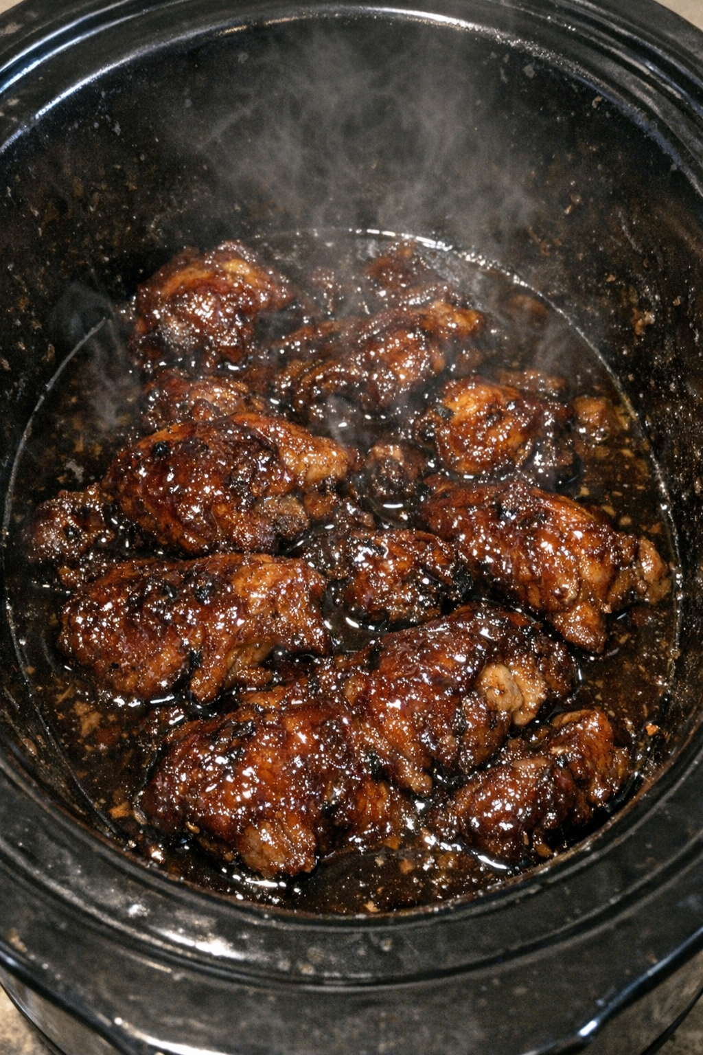 Slow cooker dinner with dark amber glazed roasted protein