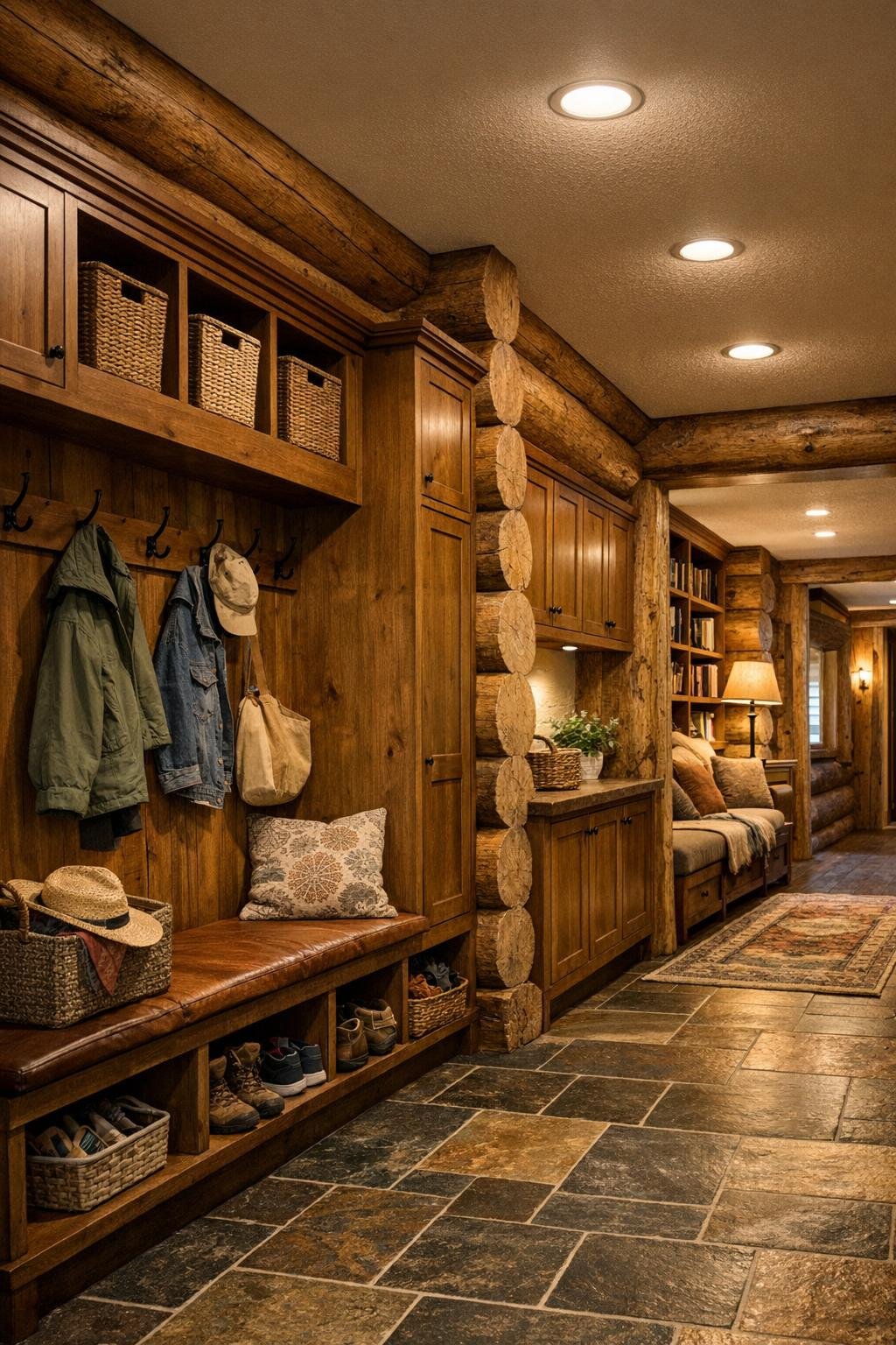 Functional mudroom and hallway with built-in storage in a rustic home