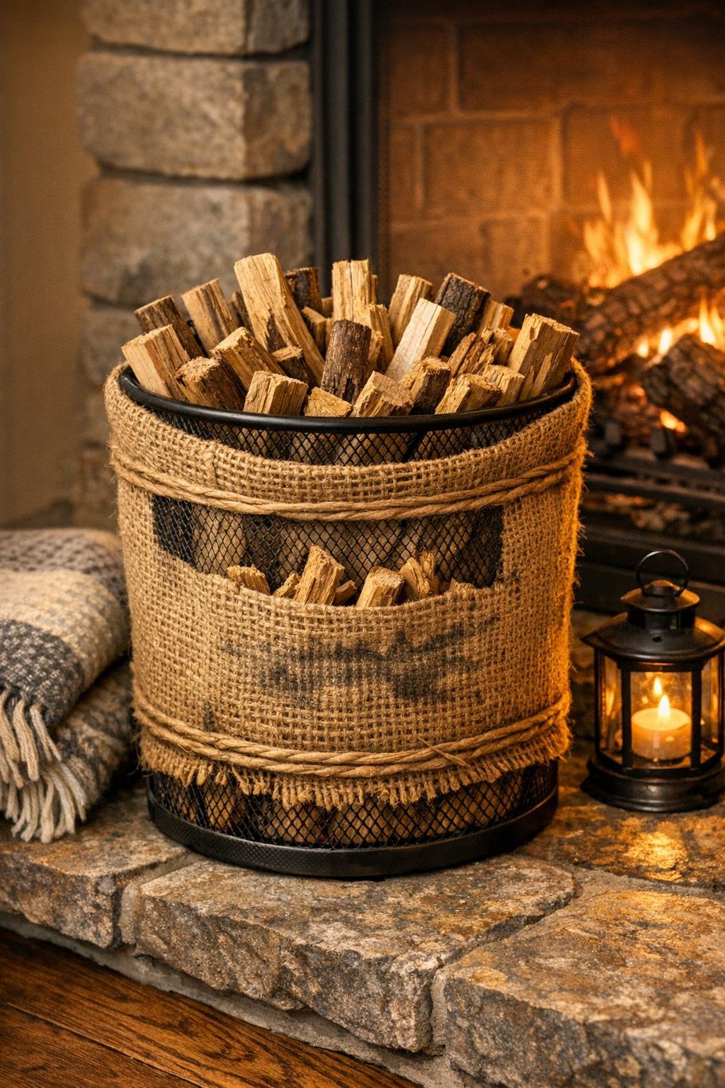 Finished burlap-covered kindling holder beside a fireplace