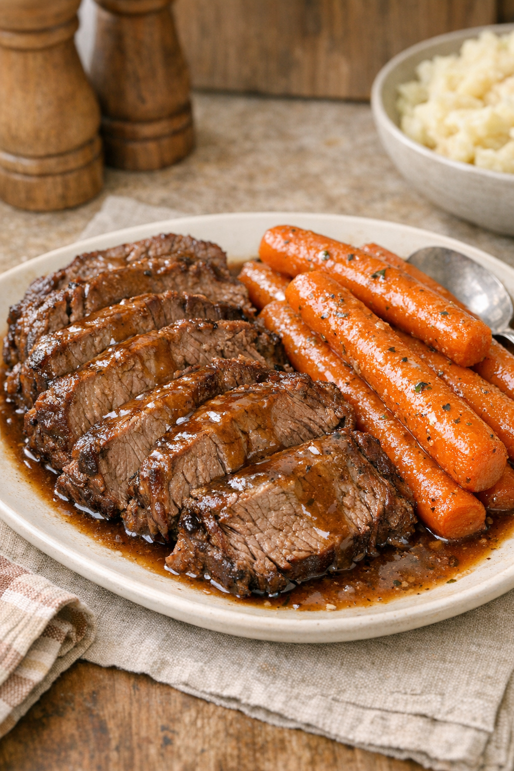 Finished Amish carrot beef roast plated with tender carrots and rich juices