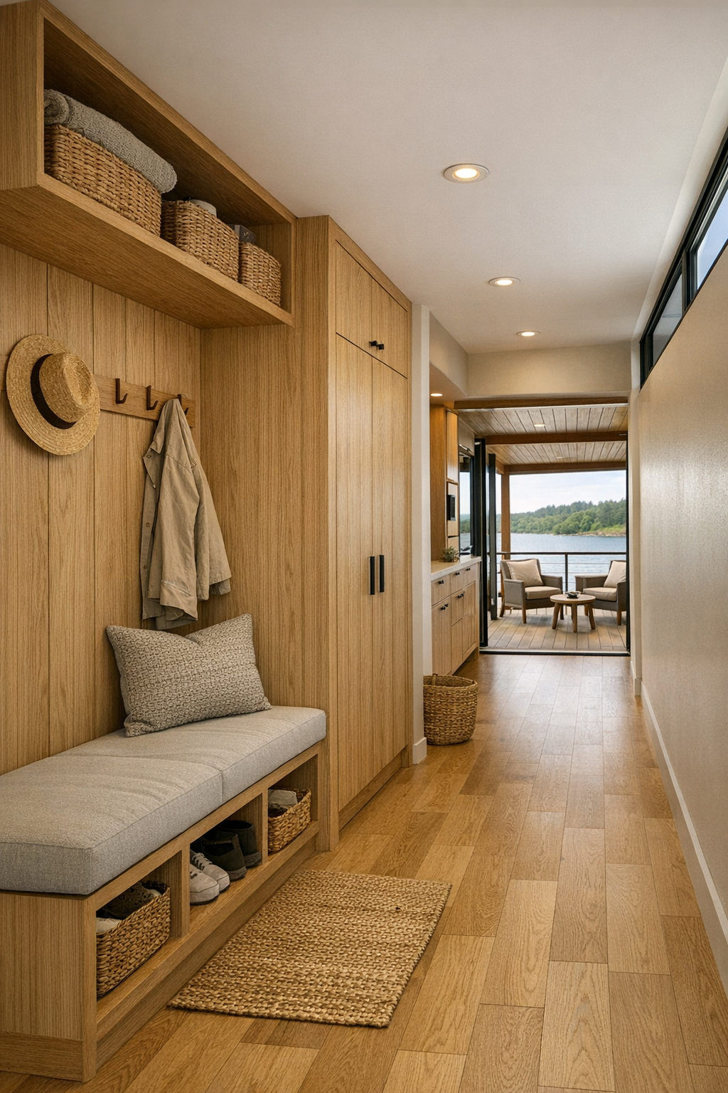 Thoughtful secondary spaces with a built-in entry bench, wide hall, and covered deck seating