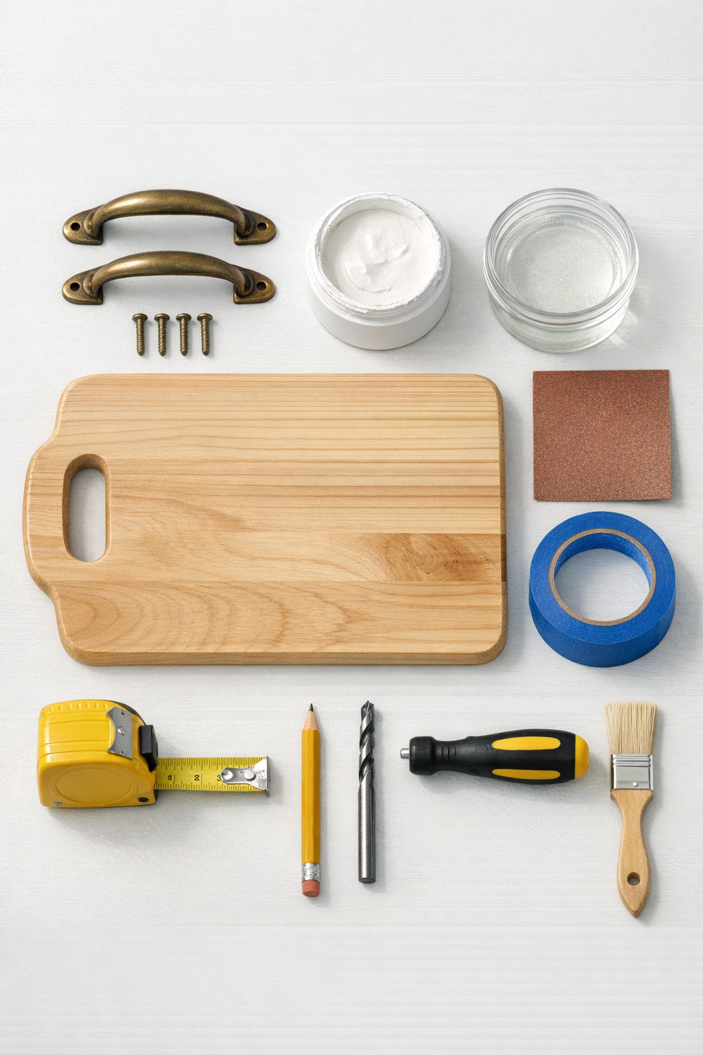 Materials for making a painted wooden beverage tray with vintage drawer handles