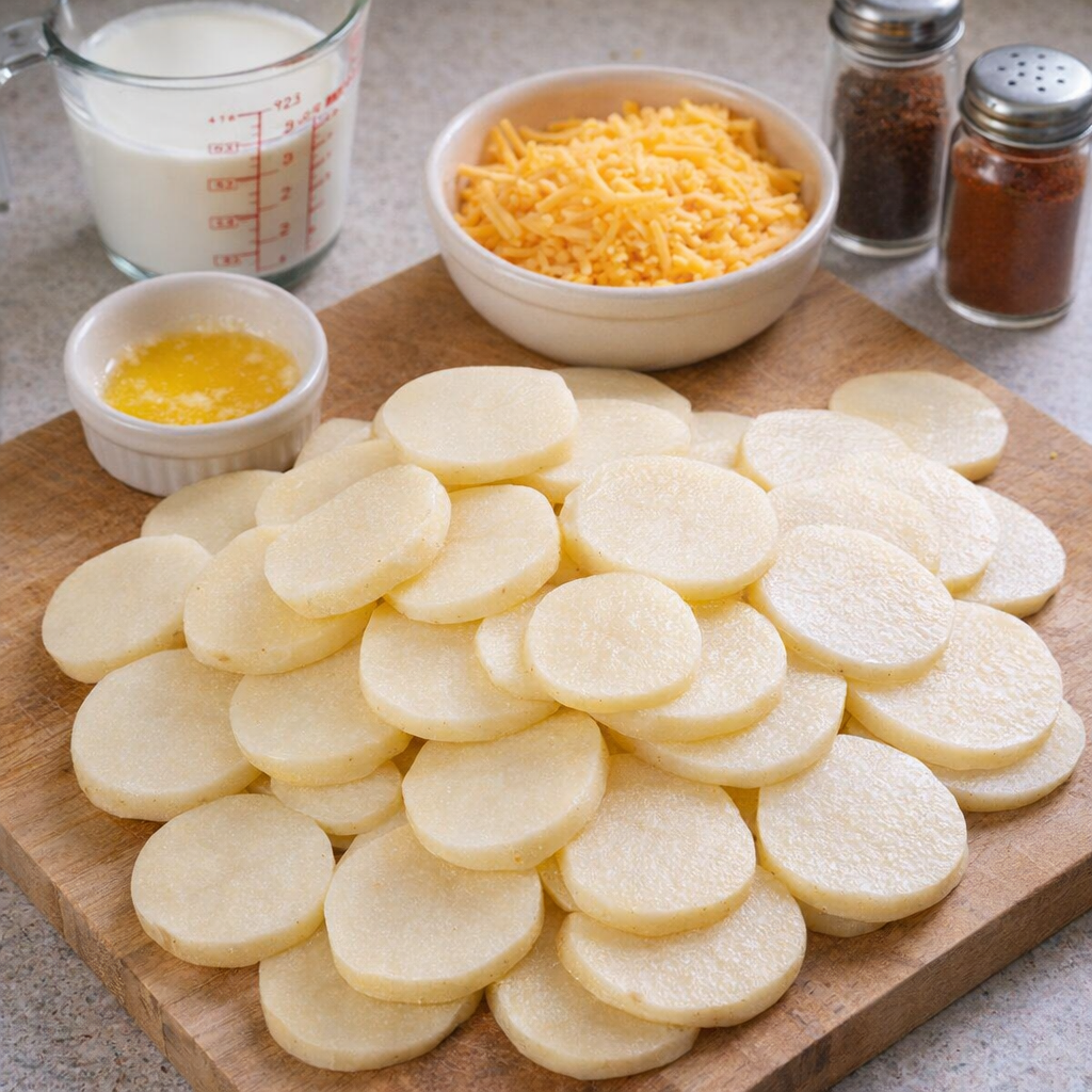 Sliced potatoes and simple casserole ingredients on a kitchen counter