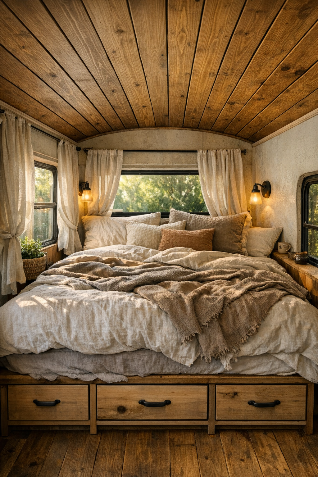 Peaceful bus bedroom with built-in bed, linen bedding, and wood ceiling