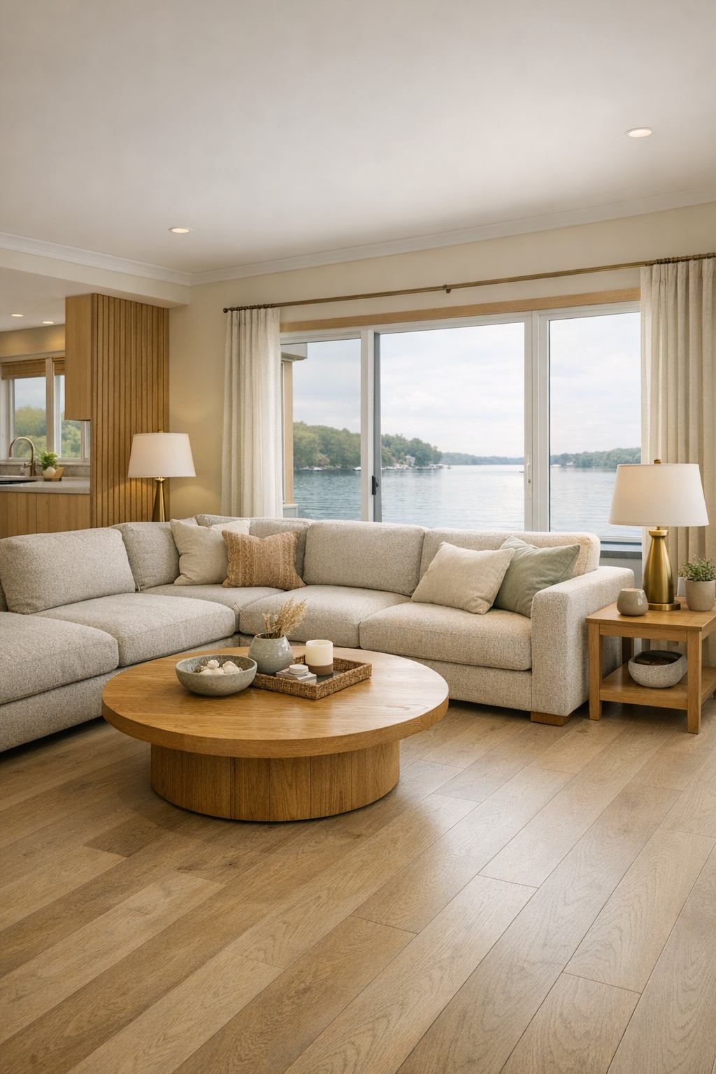 Warm accessible living room with low sectional, pale oak floors, and wide water-view windows