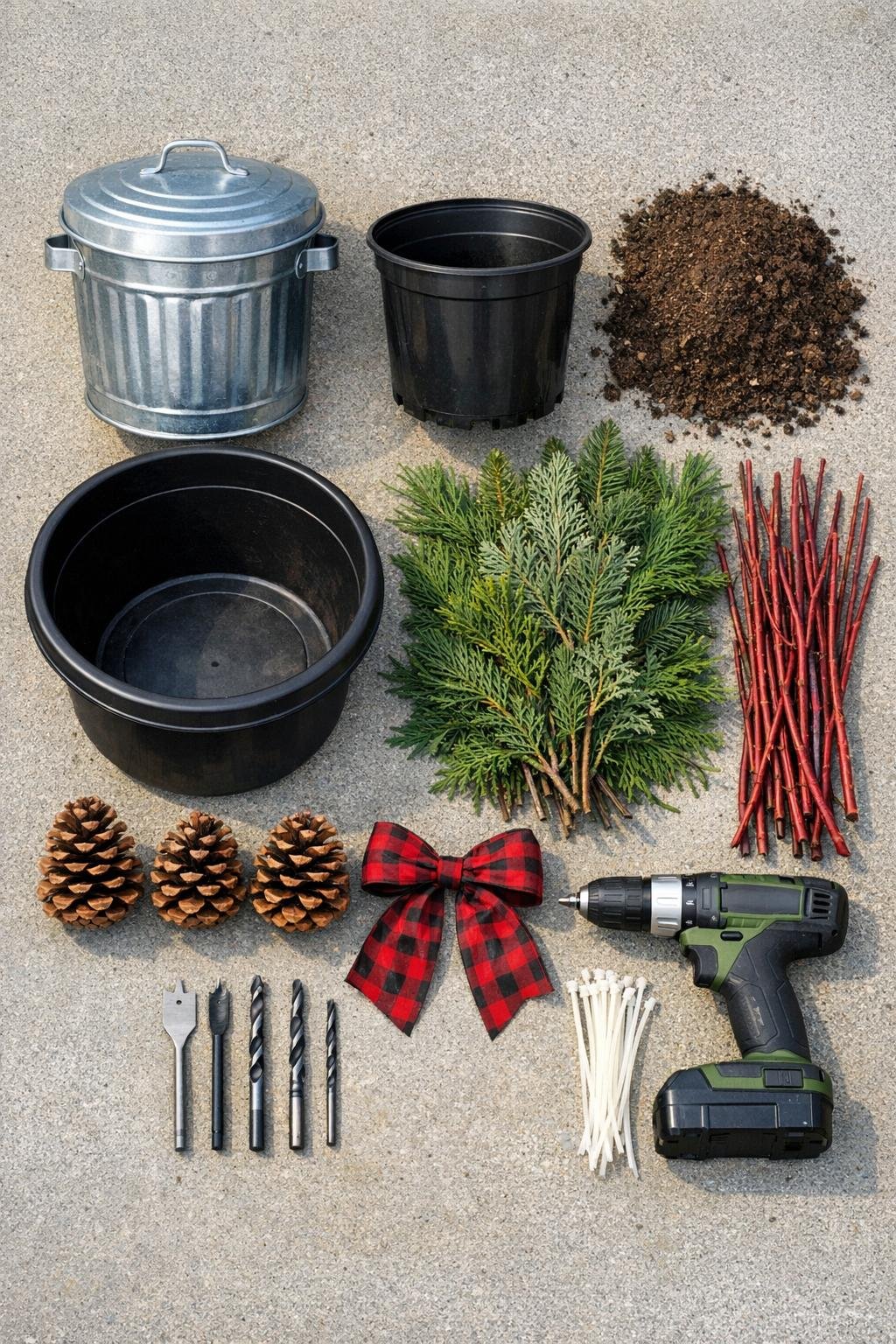 Galvanized trash can, plastic bowl, plastic nursery pot, potting mix, winter greenery, and tools laid out for the project