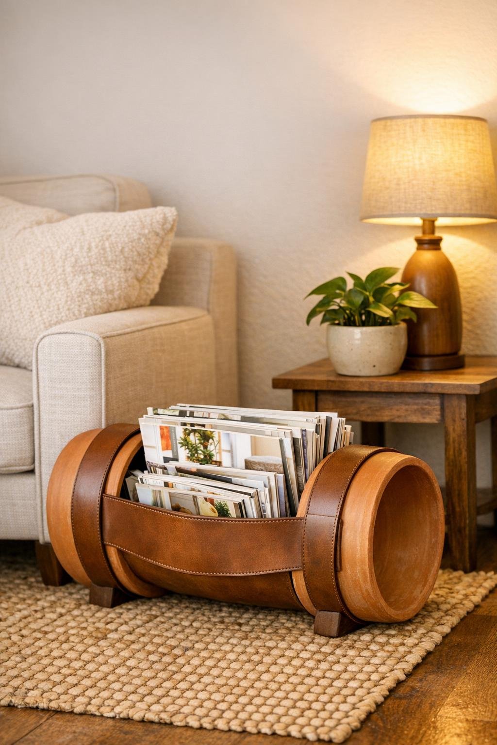 Finished DIY magazine holder made from a leather belt and two sideways terra cotta pots in a living room
