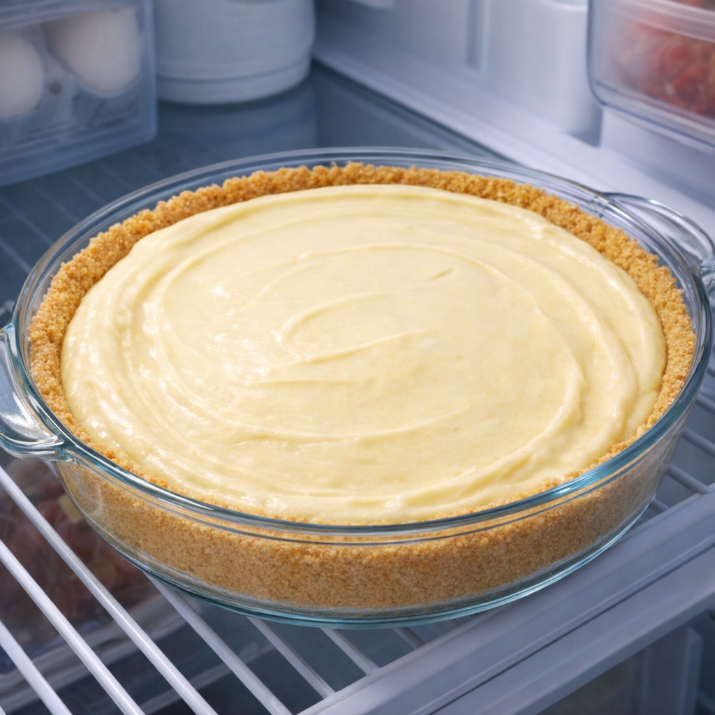 Lemonade pie chilling in the refrigerator until set