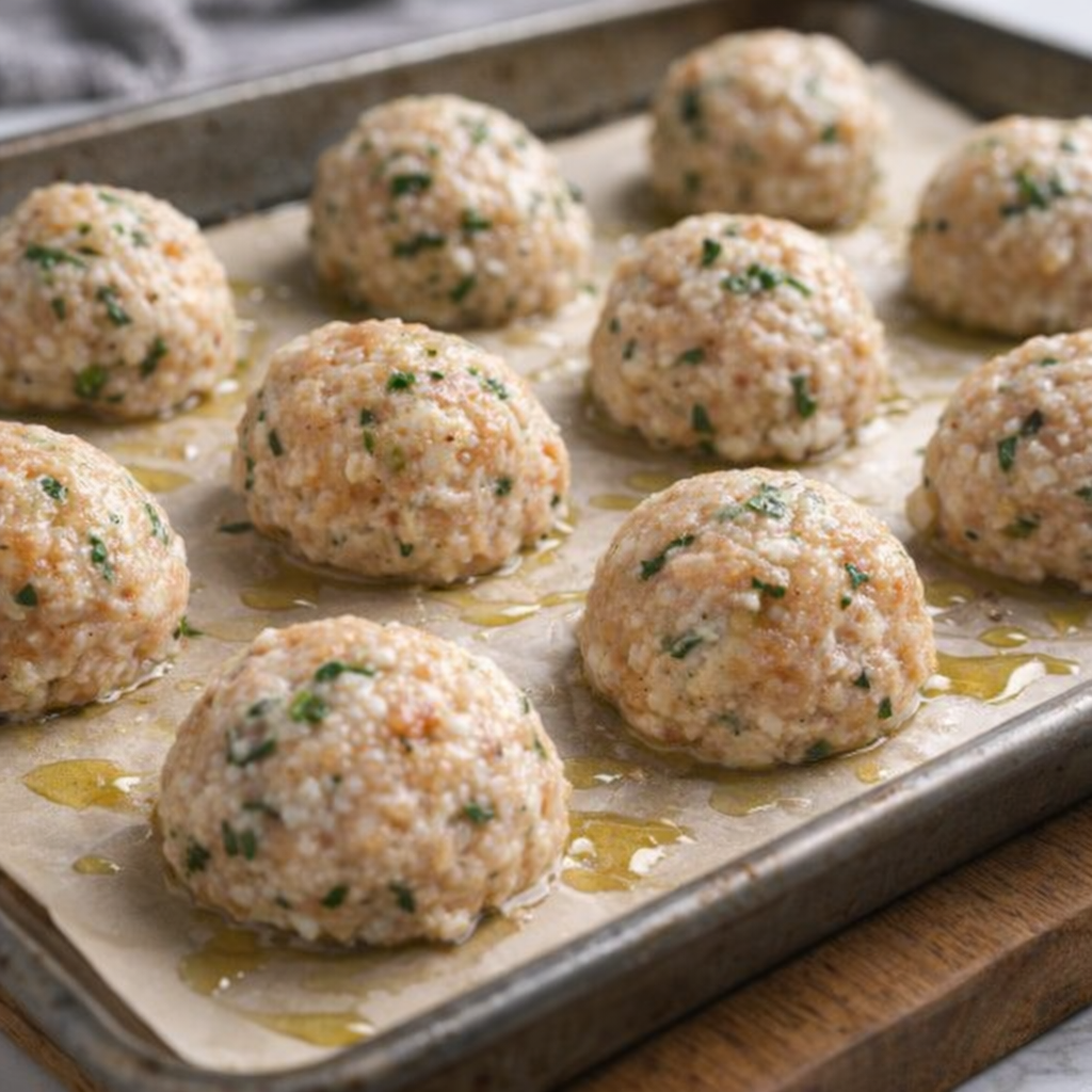 Raw chicken meatballs lined up on a parchment-lined baking sheet
