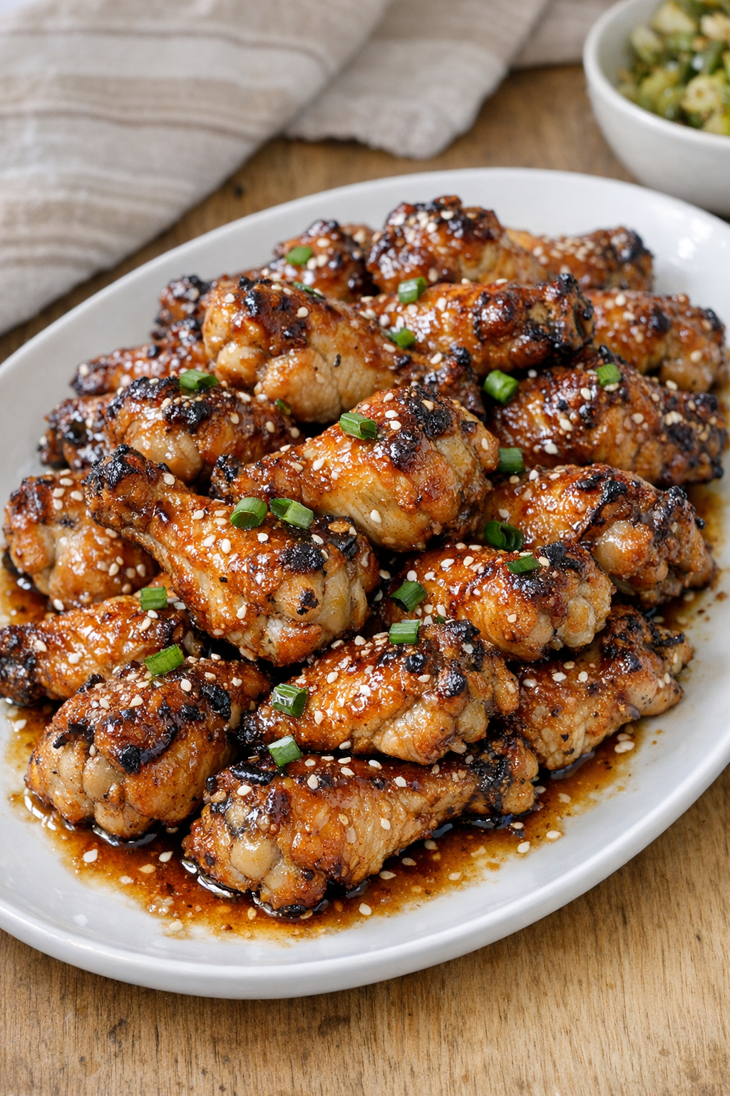 Finished glazed chicken drummettes on a platter