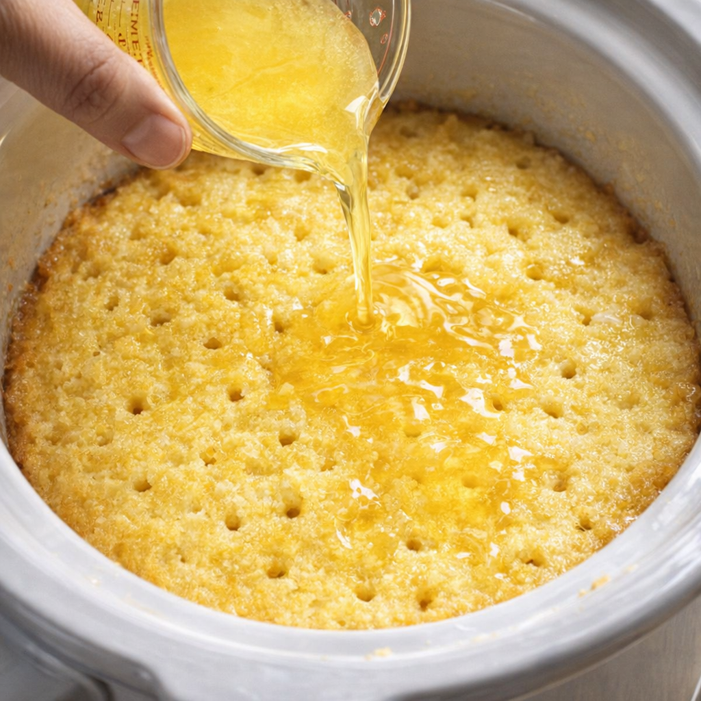 Warm limoncello being drizzled over poked lemon cake