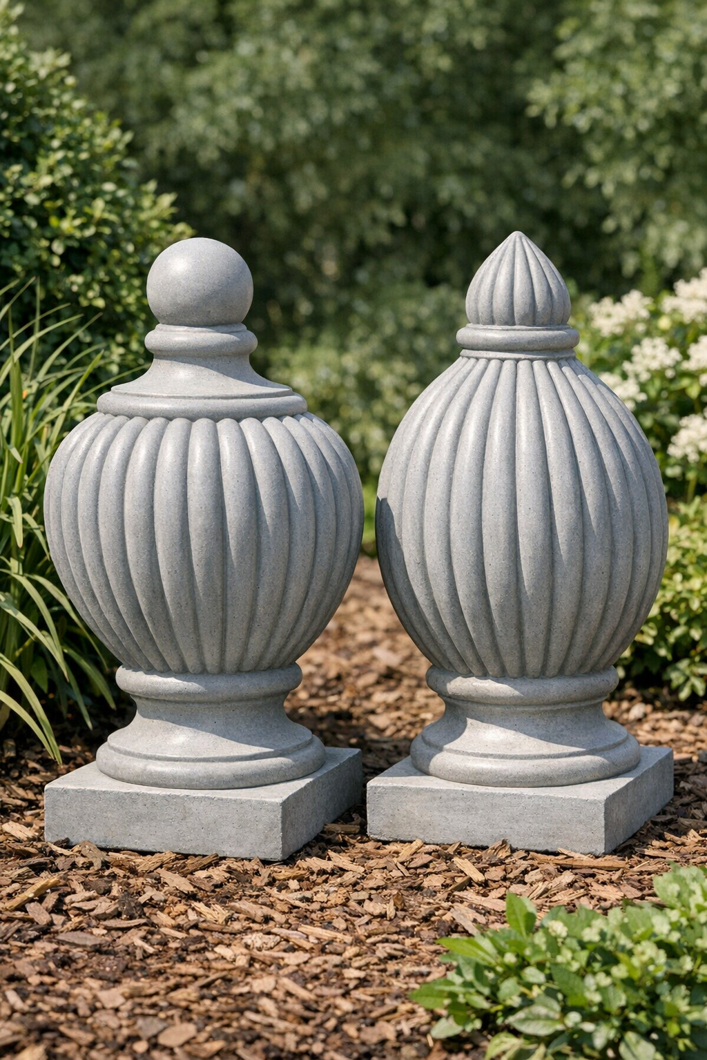 Finished pair of heavy ribbed cement yard finials outdoors
