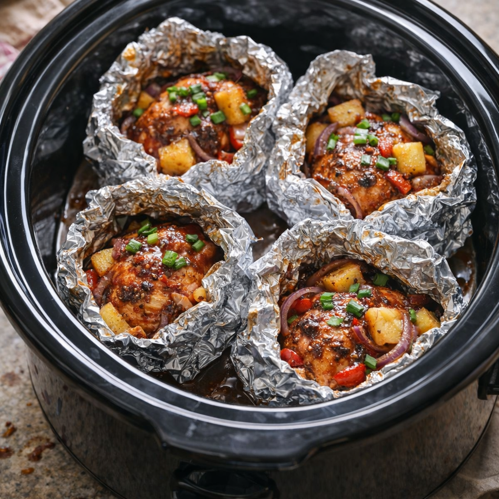 Foil-wrapped BBQ pineapple chicken packets arranged in a slow cooker