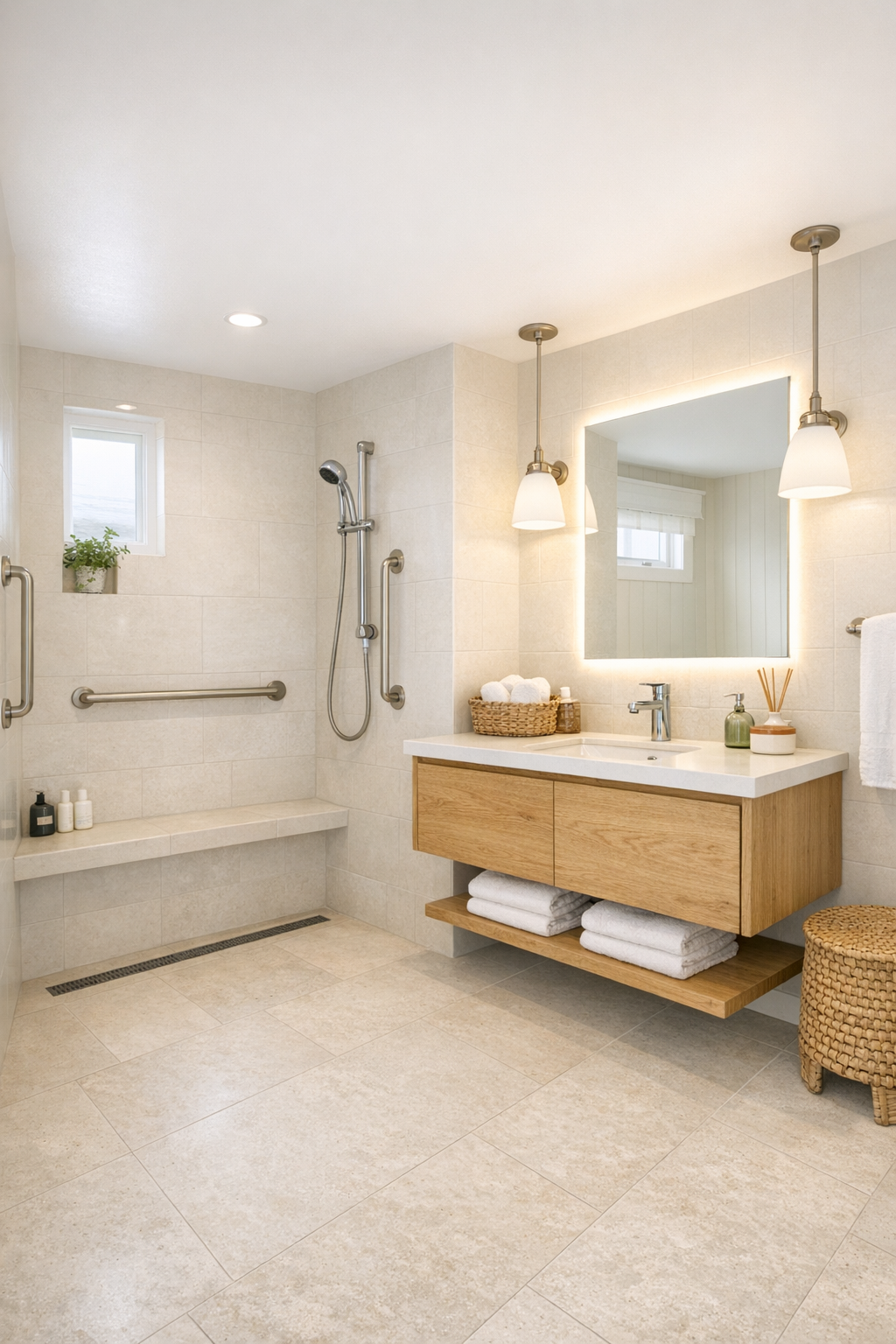 Accessible cottage-style bathroom with curbless shower, pale limestone-look tile, oak vanity, and soft backlit mirror