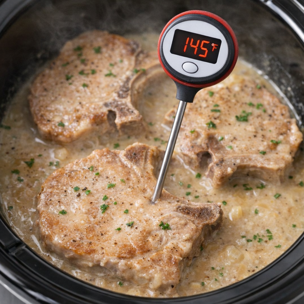 Instant-read thermometer checking a pork chop in the slow cooker