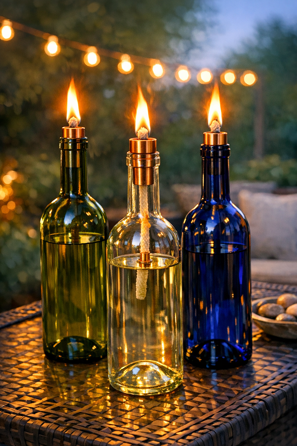 Finished wine bottle citronella torches glowing on an outdoor patio table