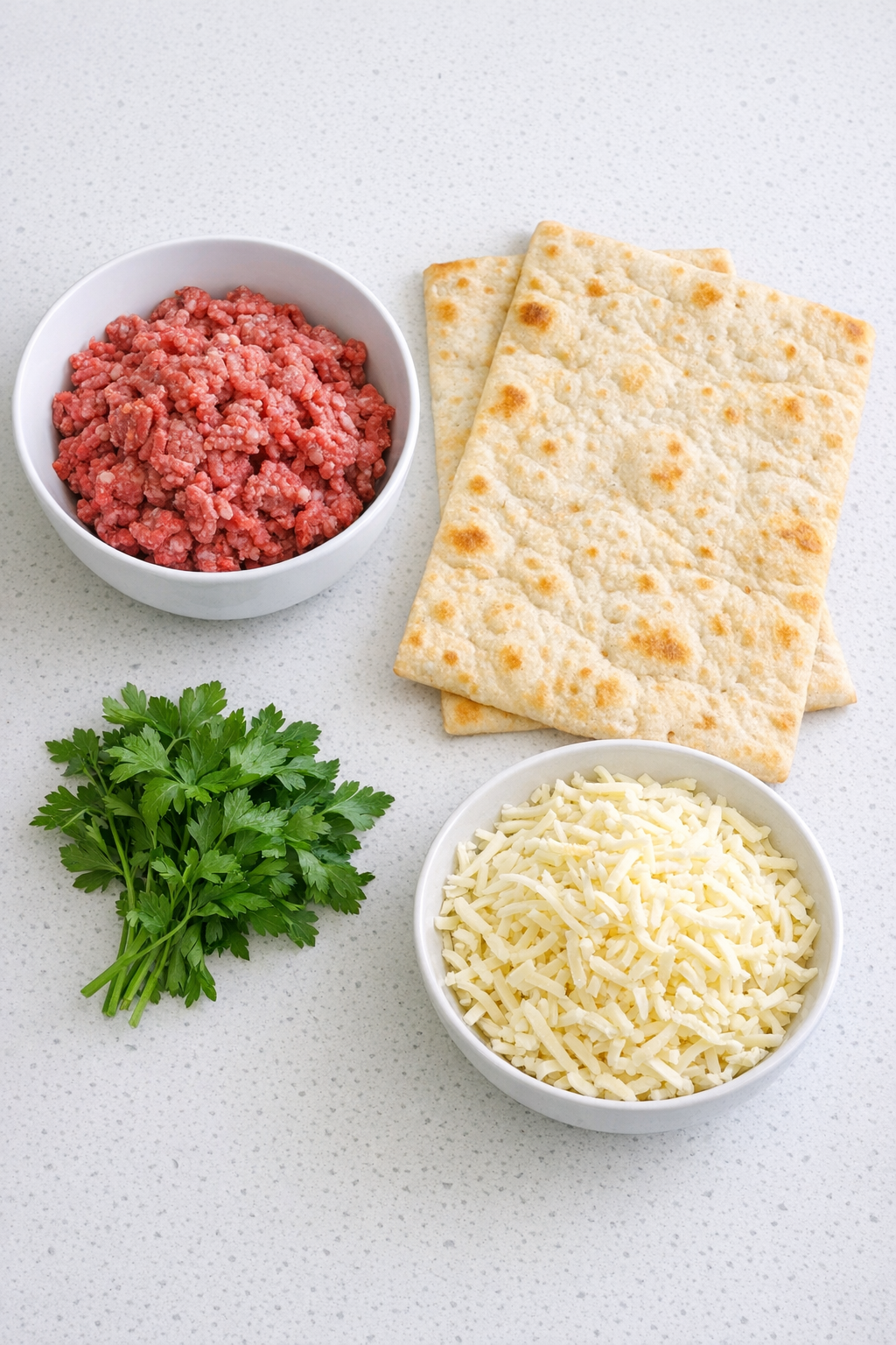 Ground beef, flatbreads, mozzarella, and parsley