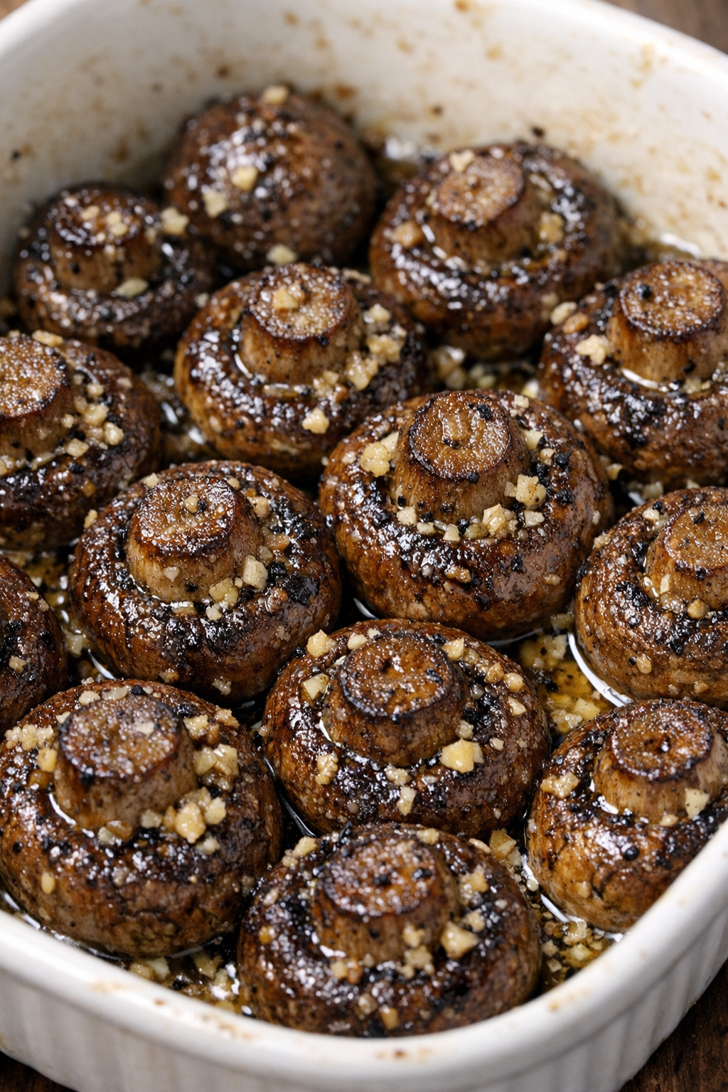 Low carb 3-ingredient garlic mushroom roasts in a ceramic casserole dish