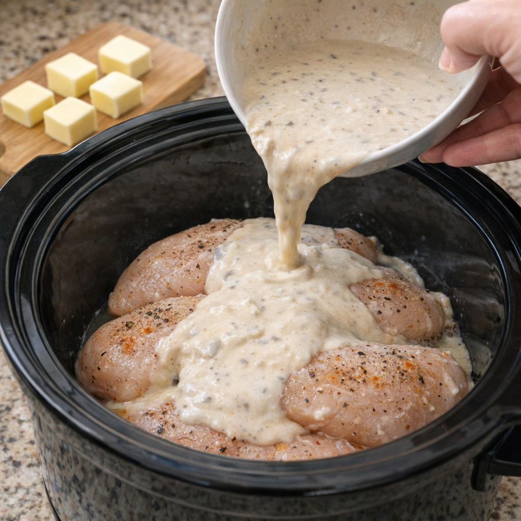 Creamy sauce being poured over chicken in a slow cooker