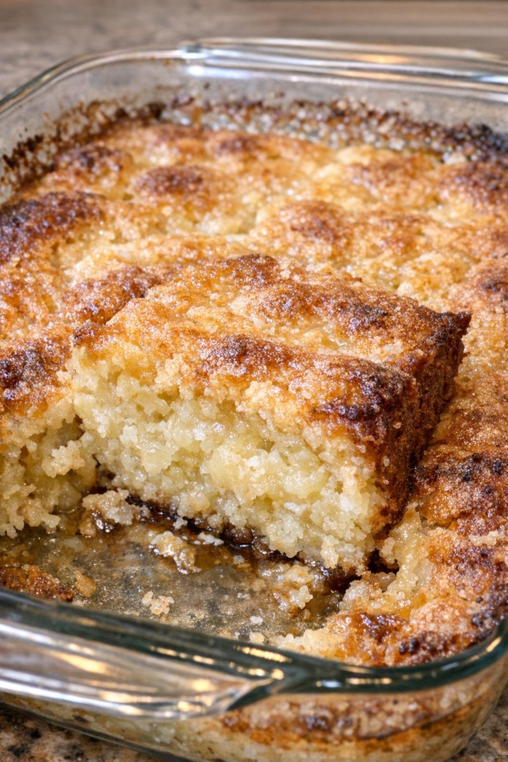 Golden bubbling cake in a glass baking dish