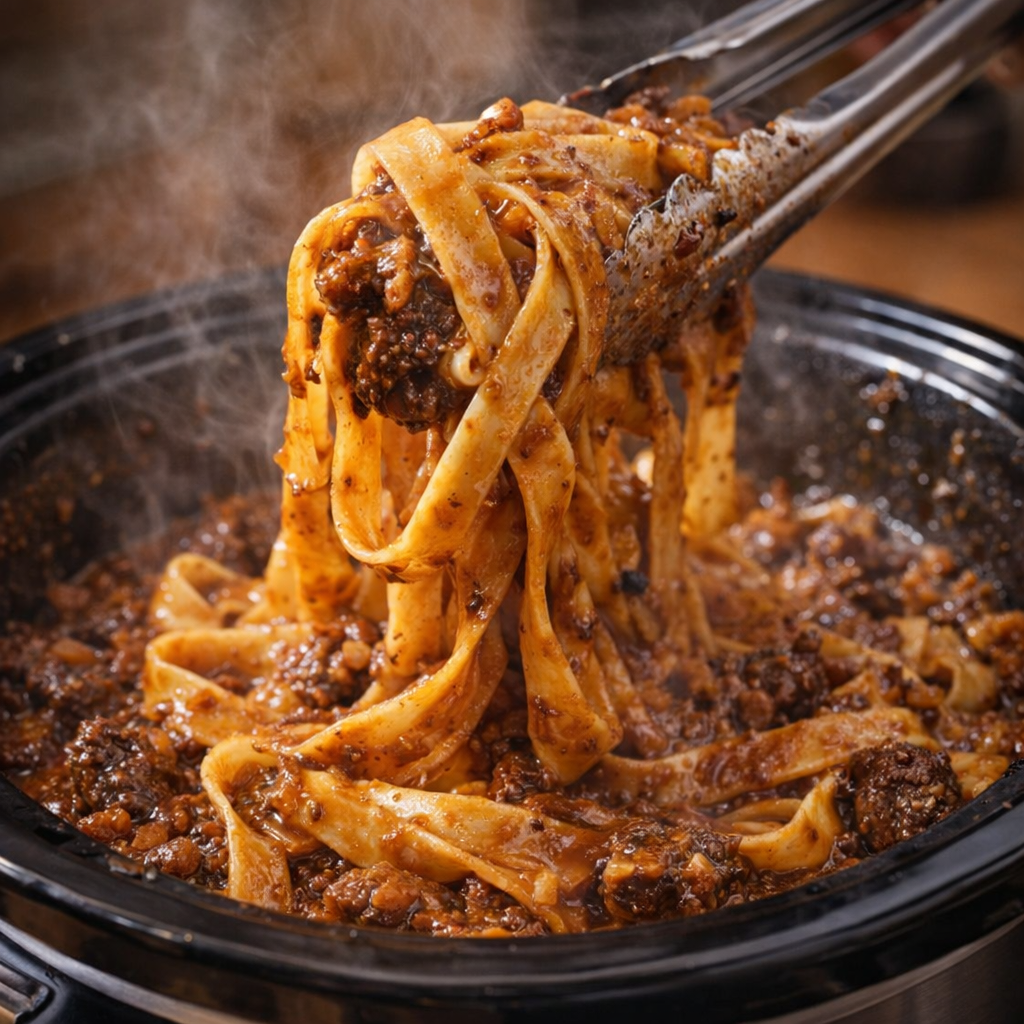 Ribbon pasta being tossed with beef gravy