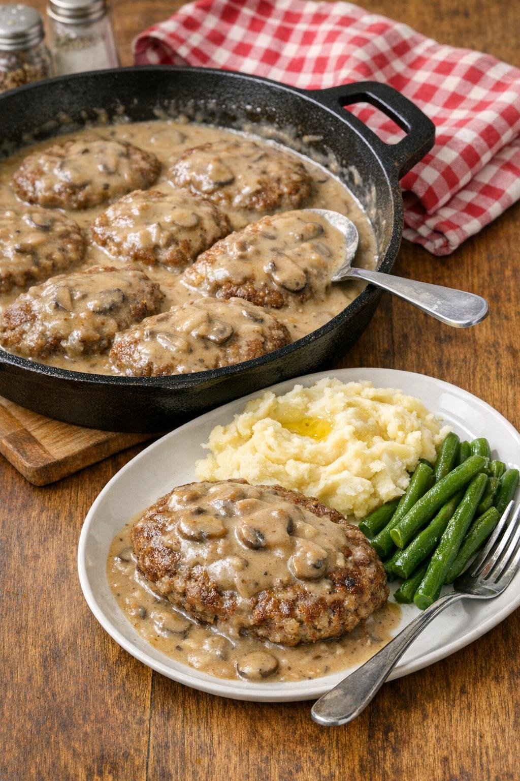 Finished poor man's steak in mushroom gravy