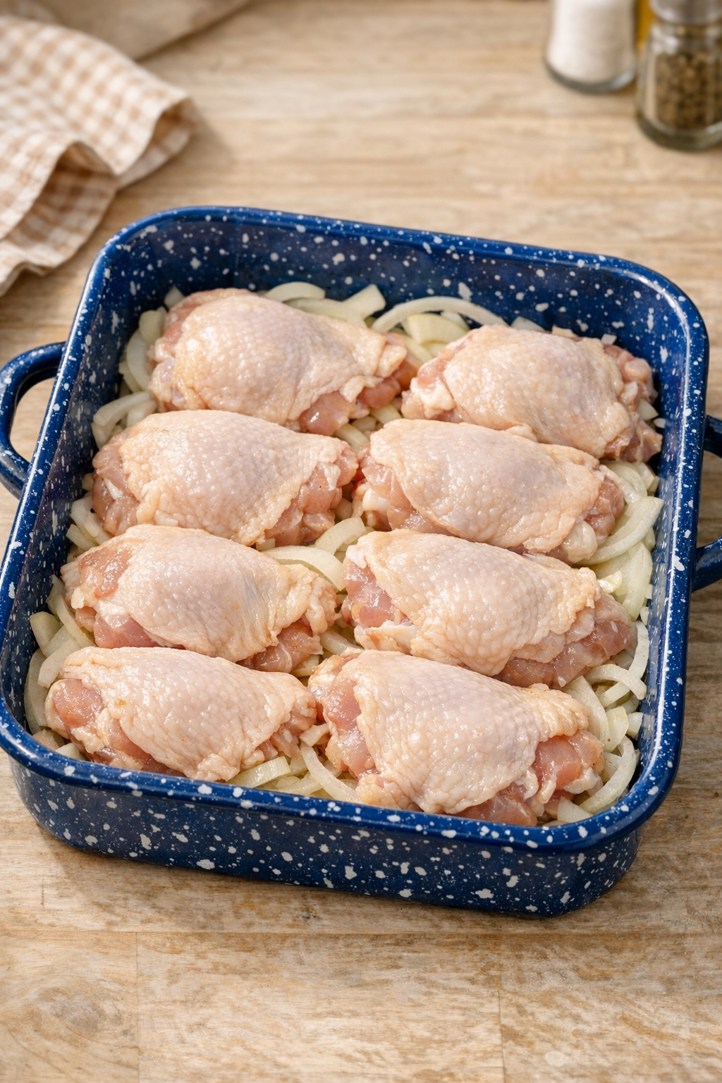 Raw chicken thighs arranged over sliced onions in casserole dish