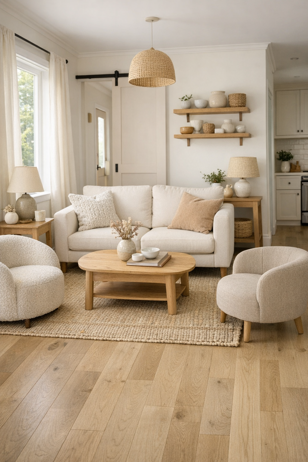 Accessible tiny home living room with pale oak floors, creamy seating, and soft magnolia accents