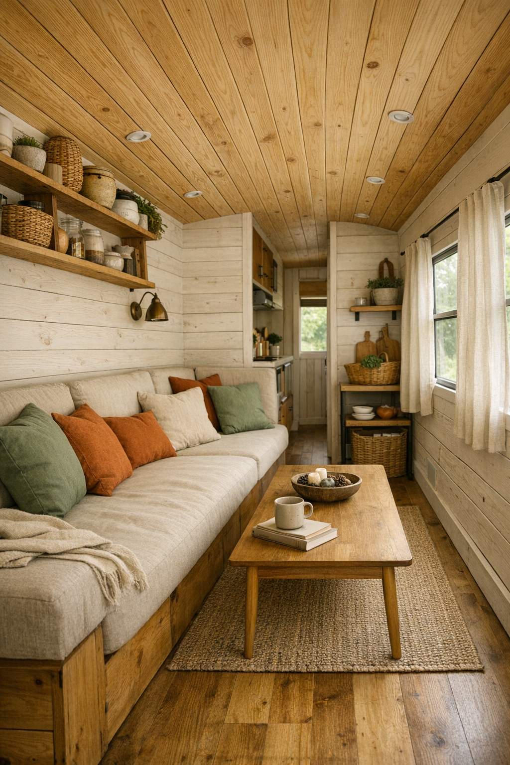 Warm built-in living room inside a converted bus with linen seating and pine walls