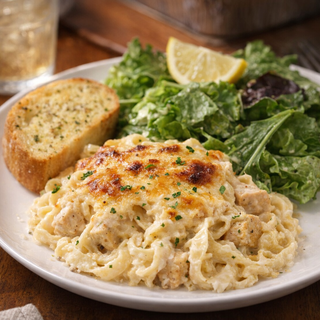 Plated chicken alfredo bake with salad and garlic bread on a dinner table