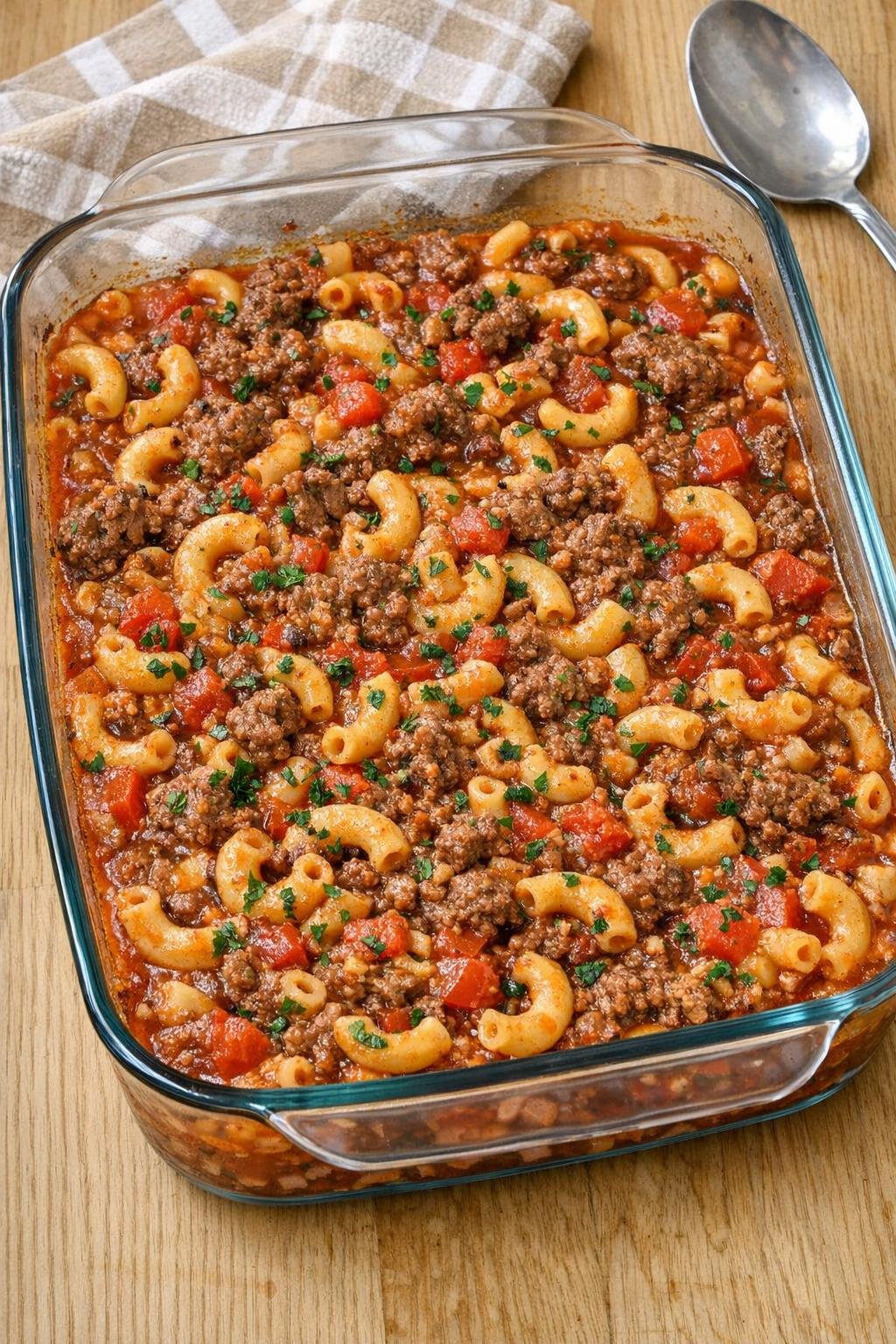 Baked beef goulash in a glass casserole dish
