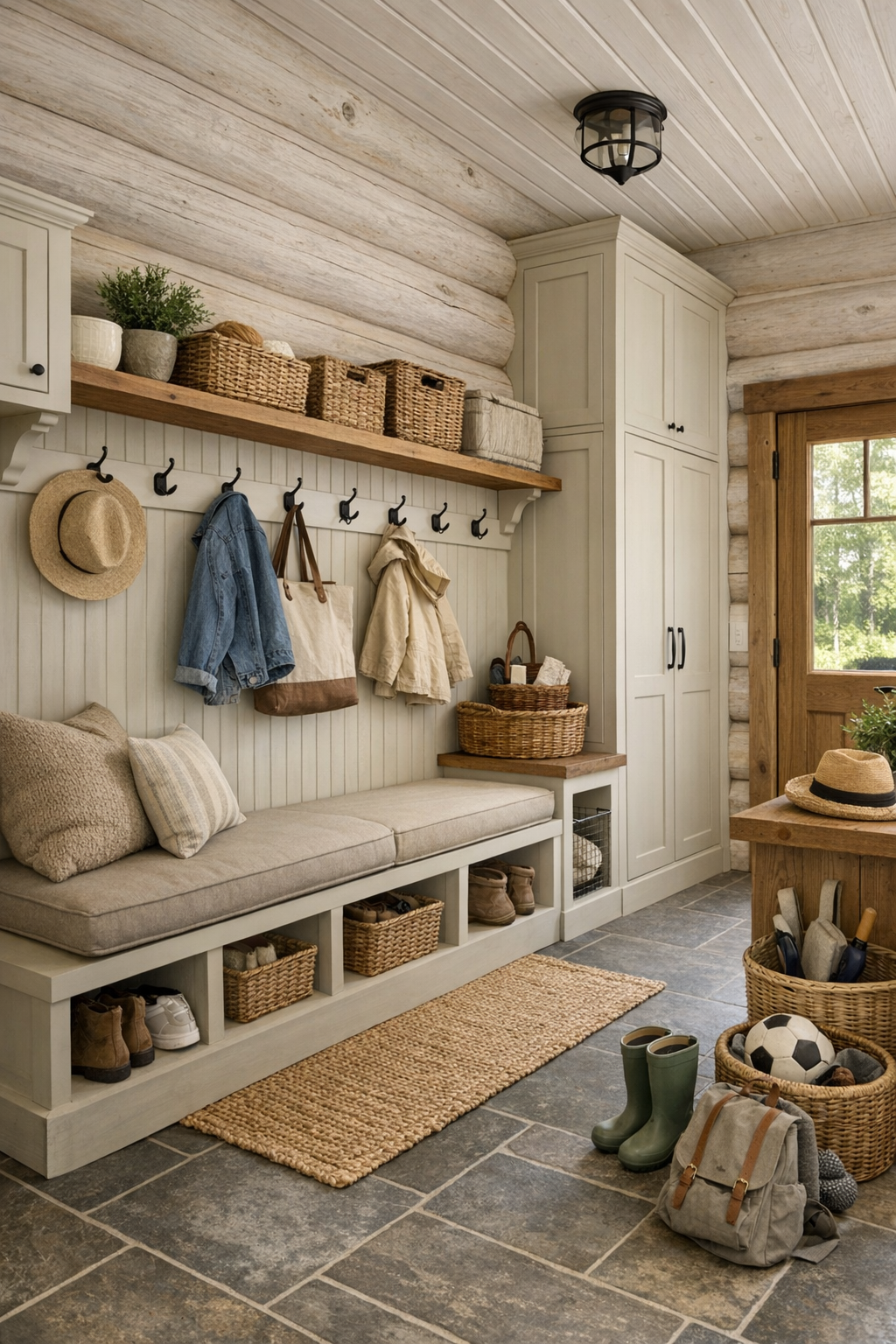 Functional mudroom with built-in bench, storage cabinets, hooks, and warm natural finishes