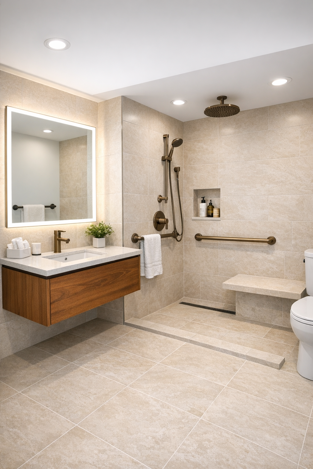 Modern accessible bathroom with curbless shower and warm wood vanity
