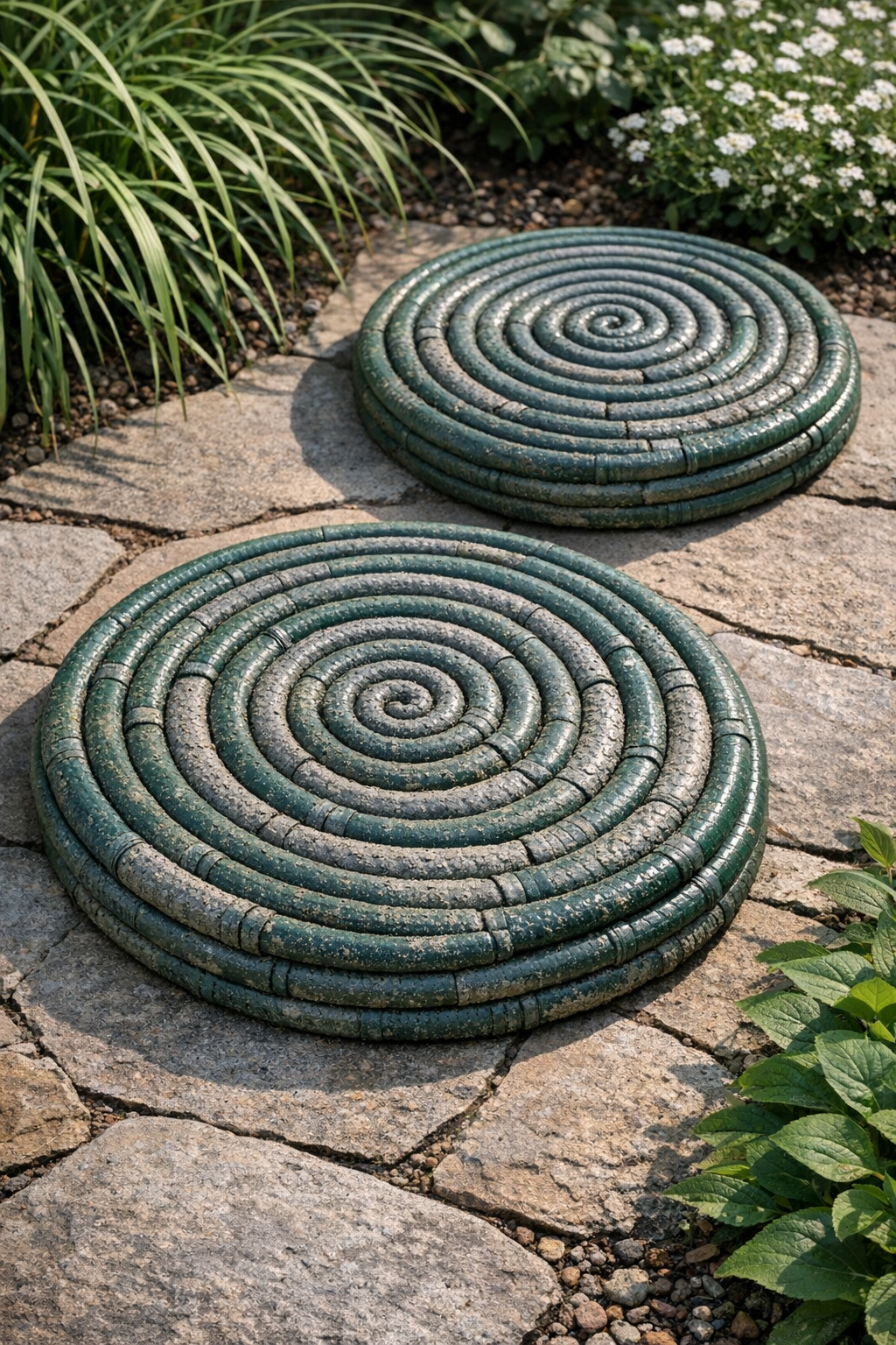 Two finished coiled outdoor cement slabs made from garden hoses