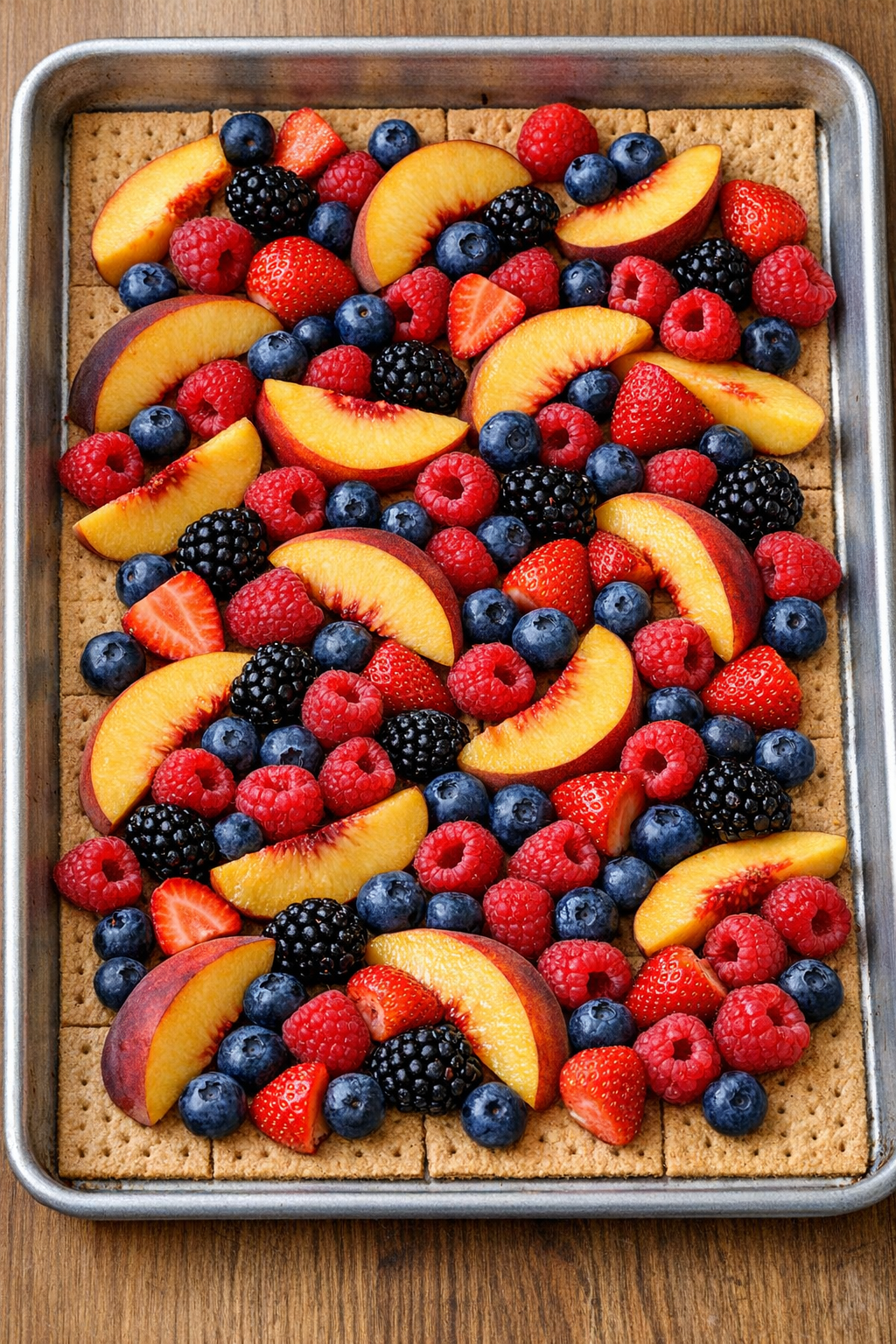 Fruit layered over graham crackers in pan