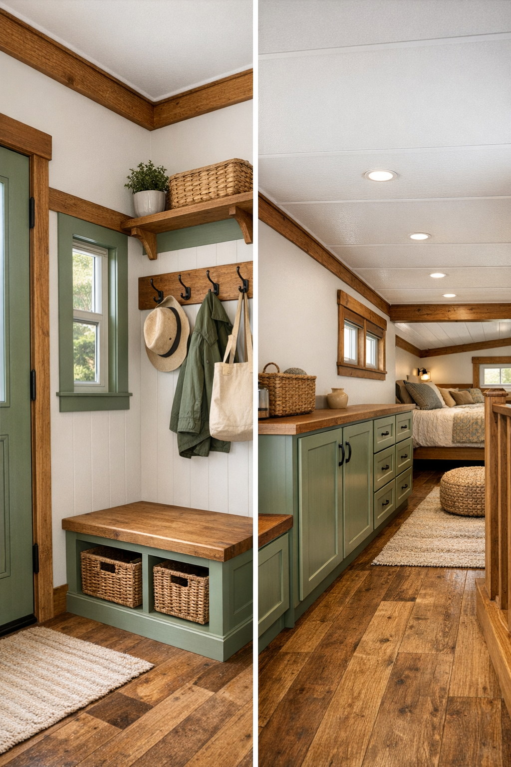 Built-in entry and loft area with smart storage, wood trim, and cozy craftsman styling