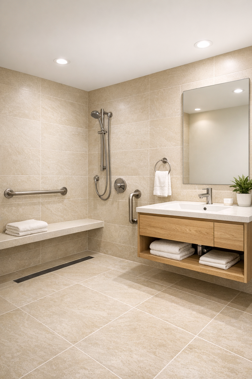 Warm accessible tiny home bathroom with curbless shower and pale tile