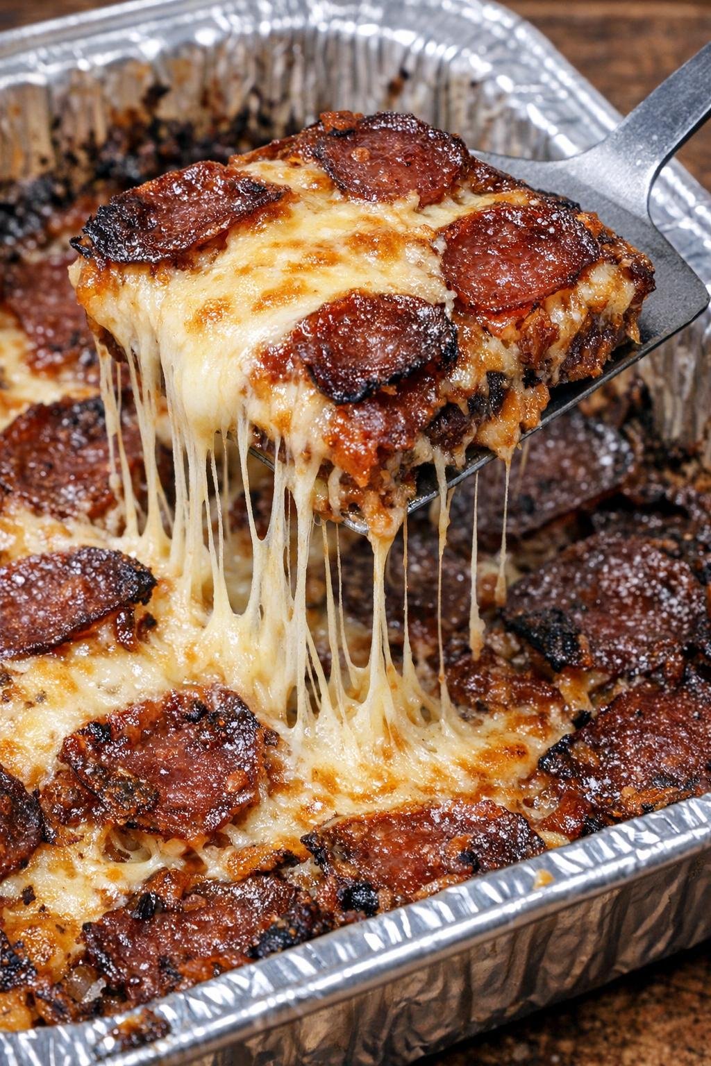 Low carb salami bake in a foil tray with a gooey cheese pull