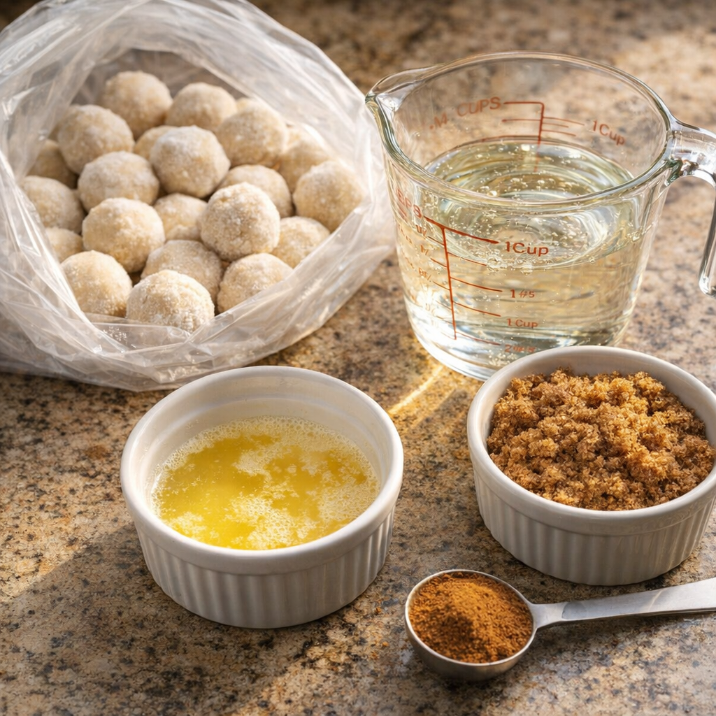 Ingredients for shoofly dough ball dessert on a kitchen counter