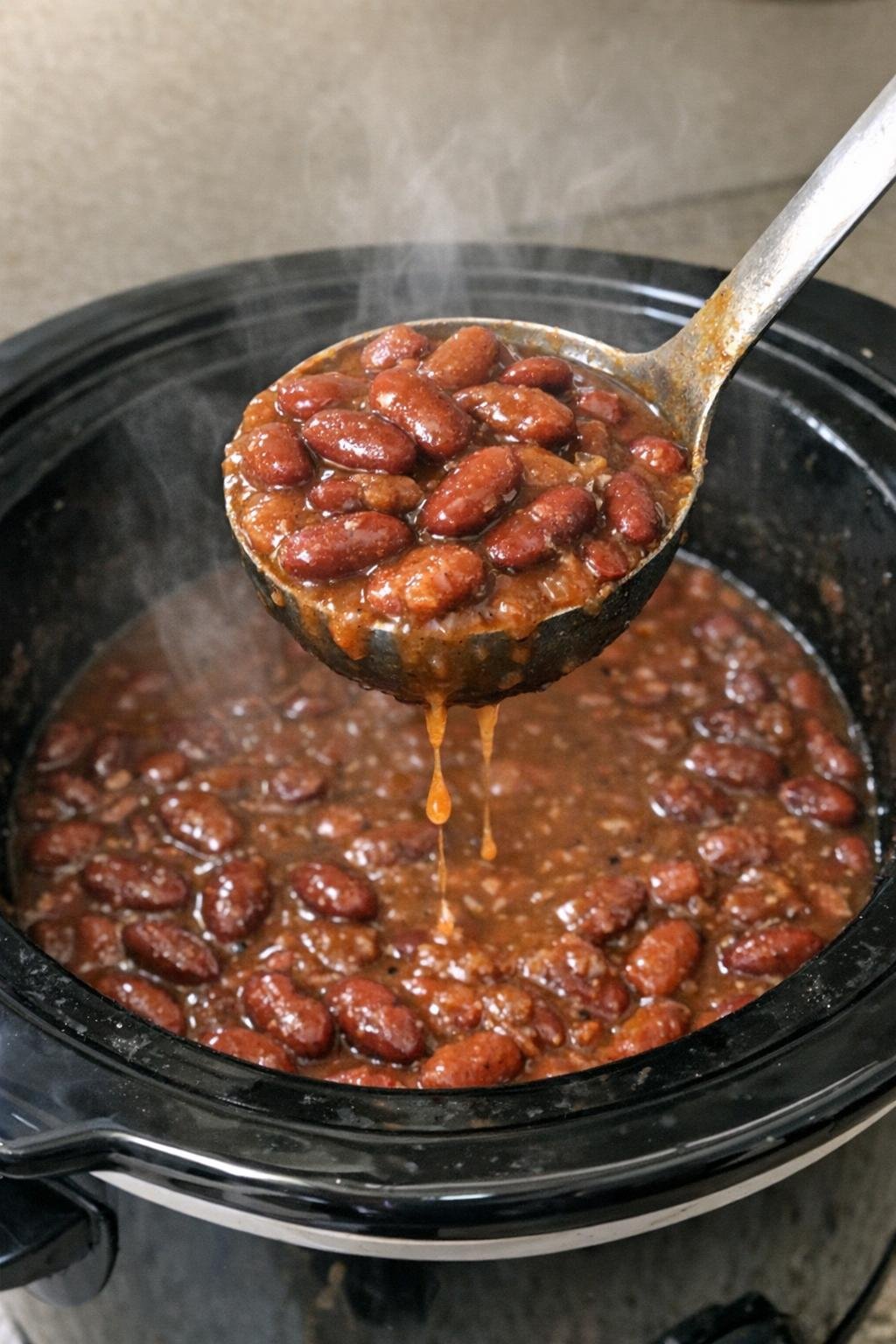 Thick tender kidney beans in a black slow cooker insert