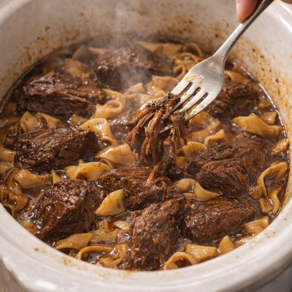 Tender beef being broken apart in the slow cooker with a fork