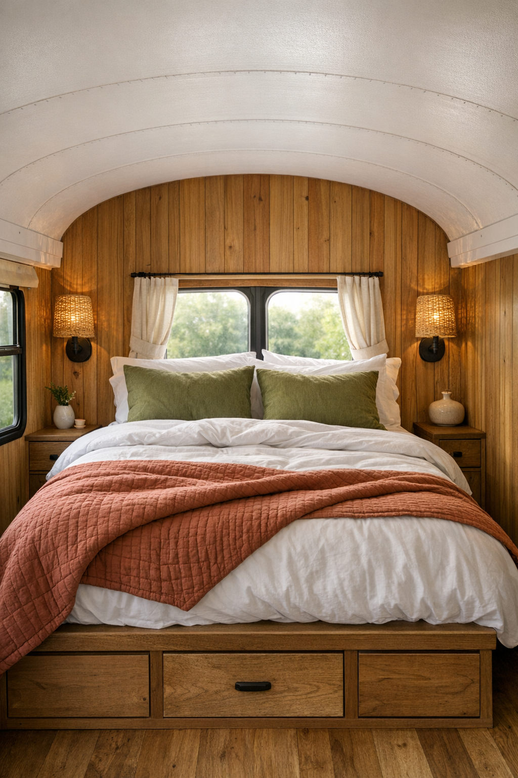 Serene converted bus bedroom with platform bed and warm wood paneling