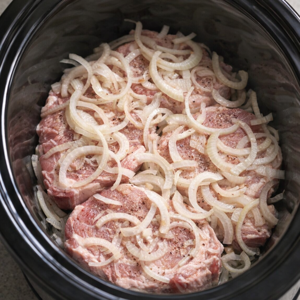 Sliced onion layered over pork chops in the slow cooker