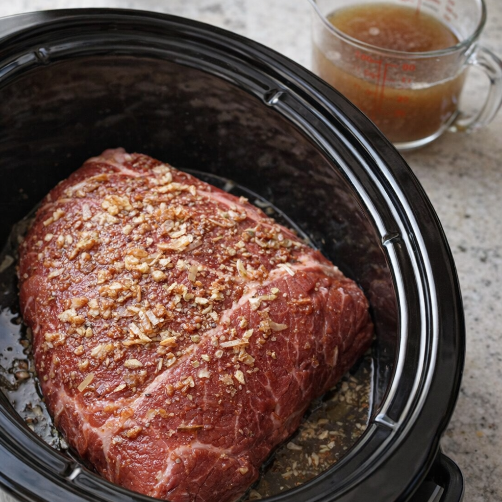 Slow cooker sirloin tip roast in the crock before cooking