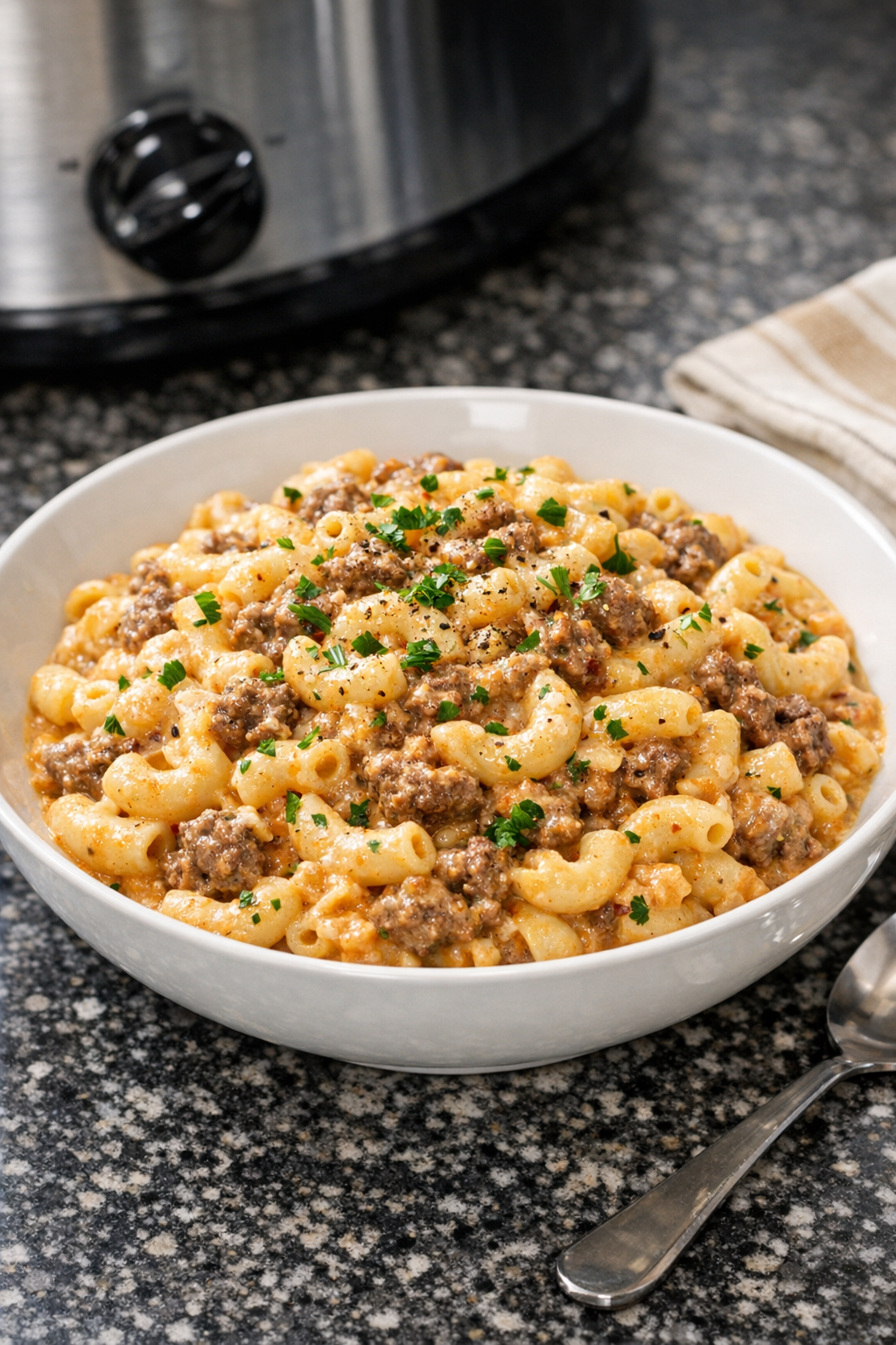 Finished creamy beef and macaroni slow cooker dinner plated in a bowl