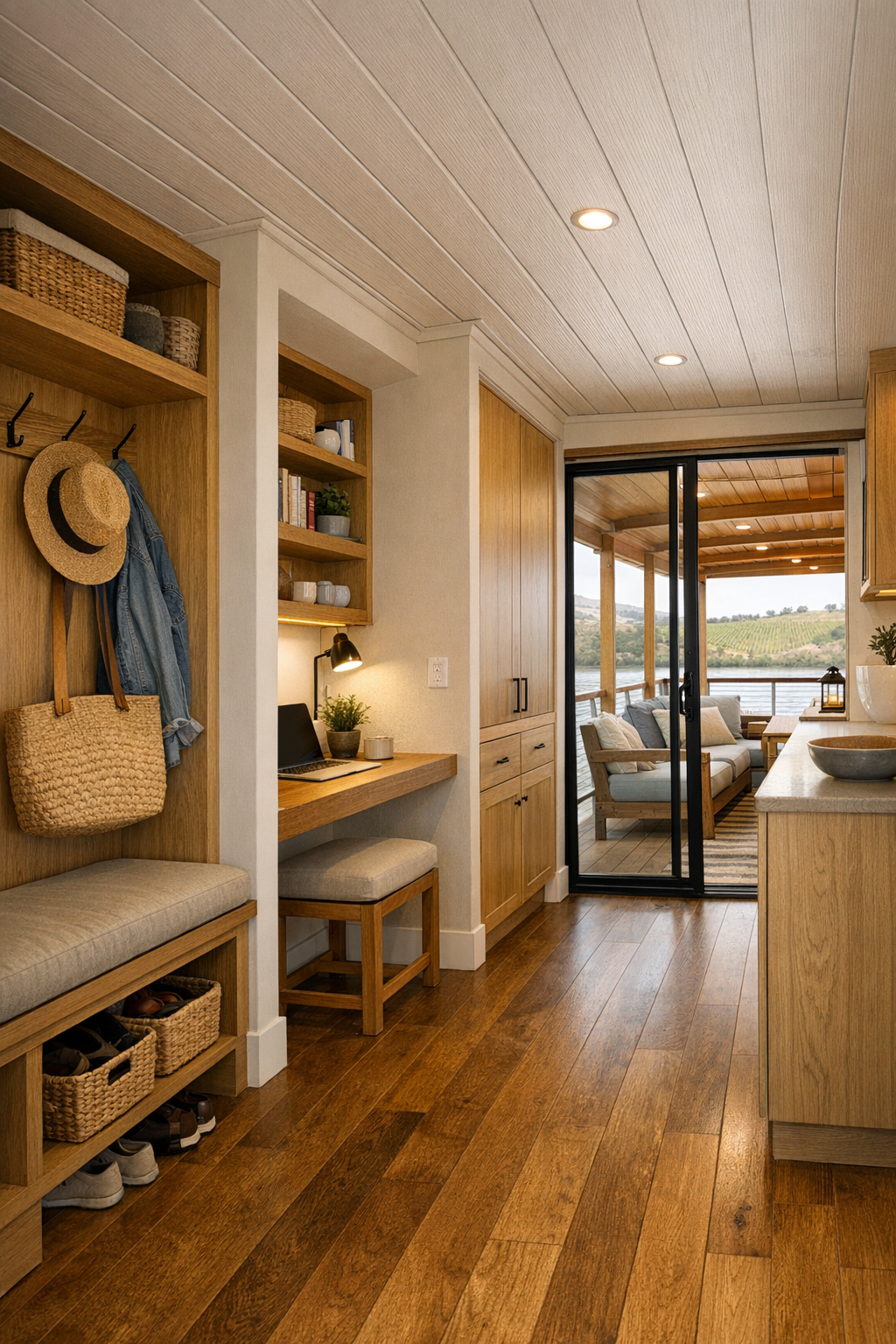Thoughtful multipurpose area with built-in storage, floating desk, and covered deck connection in a houseboat