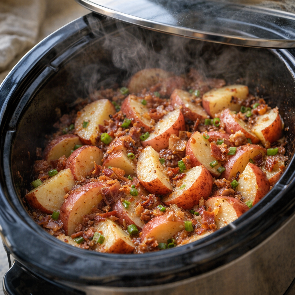 Steaming slow cooker German potato salad with lid partly open