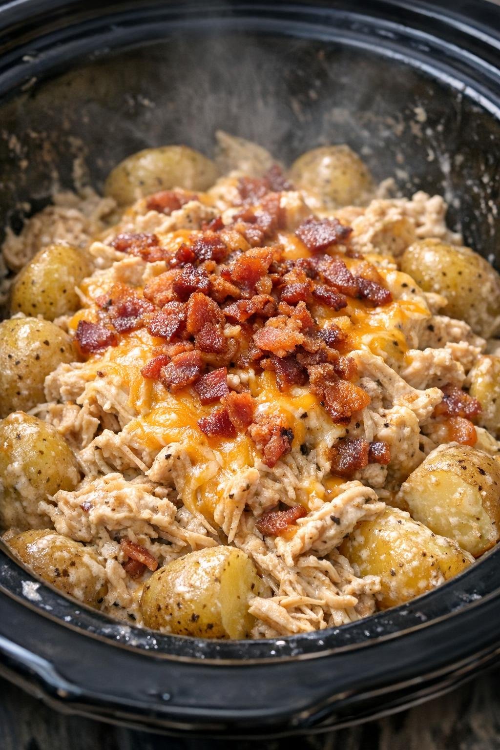 Chicken bacon ranch potatoes in a black slow cooker crock